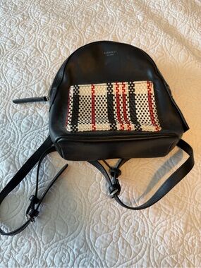 Women’s Fiorelli Black Leather Mini Backpack with Woven Front Panel & Zip Top